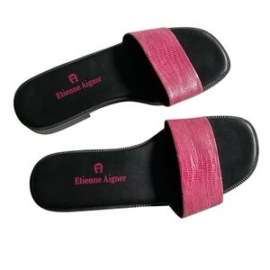 Etienne Aigner Slides Sandals Poolside Slip On Hot Pink Top Leather Womens 6.5M